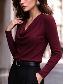 RosyDaze Plus Size Burgundy Ribbed Knit Cowl Neck Deep V Long Sleeve Shoulder Button Women's Top - Burgundy - View 3