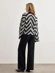 SHEIN Black Beige Pattern Knit Sweater And Wide Leg Pants Co-Ords Set –Oversized Geometric Jacquard - Black and White - View 2