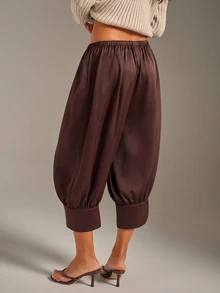 Athîral Women's Casual Solid Color Pleated 3/4 Length Pants - Coffee Brown - View 4