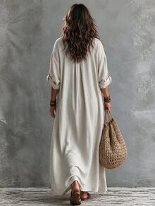 Linhara CURVE Autumn Plus Size Women Long Sleeve Shirt Casual Dress, Suitable For Daily Commute And Vacation - Apricot - View 2