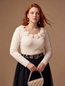 MOTF PREMIUM PLUS SIZE WOMEN'S WOOL FITTED 3D FLORAL DECOR CREW NECK PULLOVER SWEATER - Beige - View 7