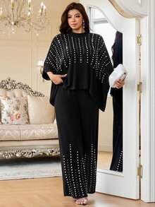 Reflora Plus Size Women's Round Neck Top And Long Pants Casual Daily 2 Pieces Set - Black - View 7