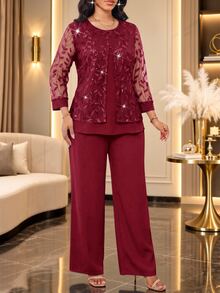 SHEIN Lady 女款對比蕾絲長袖圓領上衣與寬鬆長褲兩件套，海軍藍，秋季優雅，適合婚禮、晚餐、半正式場合 - 酒紅色 - 查看 7