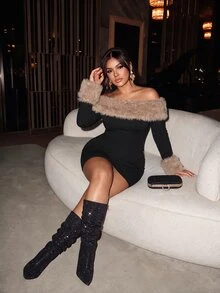 Firerie Casual sommarklänning för kvinnor i plus size med fluffig patchwork och off-shoulder - Svart - Visa 7