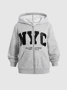 SHEIN Tween女孩連帽字母印花前開襟拉鍊衛衣 開學季秋冬款運動衫 - 棕色 - 查看 4