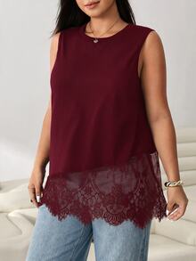 Solflare Plus Size Women's Lace Patchwork Casual Versatile Daily Date Night Formal Outing Top Black Summer - Burgundy - View 4