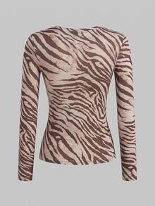 SHEIN EZwear 2件組女款斑馬紋與迷彩圓領長袖休閒T恤 - 彩色 - 查看 4