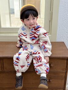 Dazy Kids Baby Boy Geometric Pattern Zipper Half-Placket Sweatshirt And Pants Casual Set - Apricot - View 6