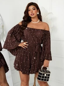 Femmeverse Women's Plus Size New Pearl Decor Cold Shoulder Ruffle Collar Pleated Loose Waist Belt Bow A-Line Short Jumpsuit - Coffee Brown - View 4