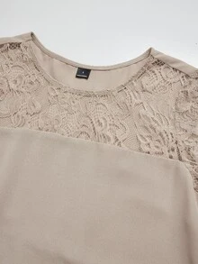 Miaspire Middle-Aged Women's Contrast Lace Cake Hem Top And Long Pants Set - Khaki - View 4