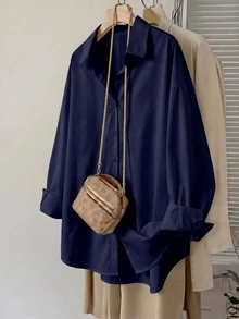 SHEIN CURVE+ 大尺碼秋冬寬鬆白色基本款長袖鈕扣襯衫上衣，2026 22W - 藏蓝色 - 查看 5