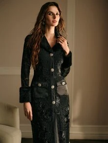 MOTF PREMIUM WOMEN'S ELEGANT LACE PATCHWORK FUR COLLAR LONG DRESS - Black - View 6