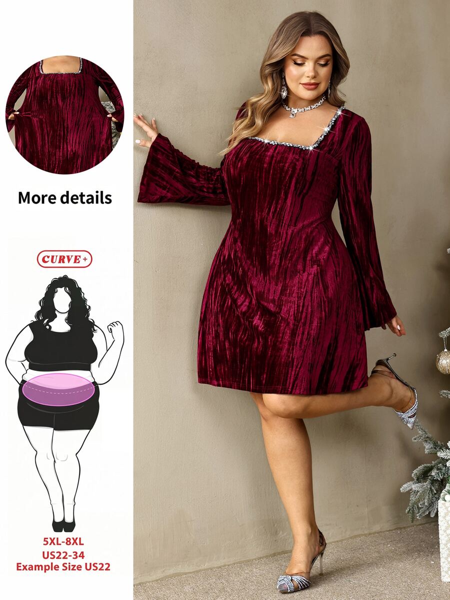 SHEIN CURVE+ Đầm nhung xù trang trí đá rhinestone Giáng Sinh size lớn - Đỏ - Xem 1
