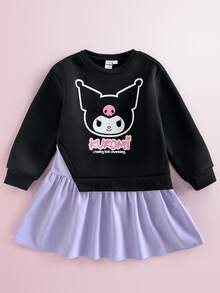 HELLO KITTY AND FRIENDS | SHEIN Gaun Patchwork Sweatshirt Leher Bulat Lucu untuk Anak Perempuan - Hitam - View 3