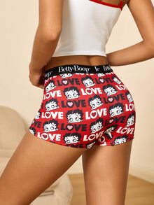 Betty Boop x SHEIN Women's Letter Cartoon Print Casual Flat Shorts - Red - View 2