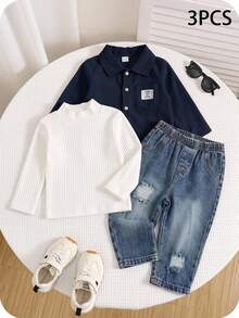 SHEIN 3 قطع/مجموعة ملابس كاجوال للأطفال الذكور في فصل الخريف/الشتاء تشمل تي شيرت داخلي، - متعدد الألوان - مشاهدة 3