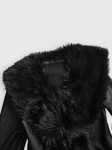 ROMWE Goth Autumn/Winter Distressed Suede Patchwork Fur Trim Slim Fit A-Line Jacket - Black - View 4