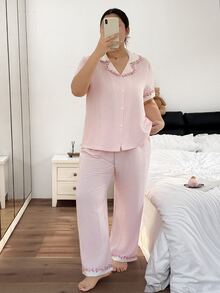 Napfluff CURVE Napfluff CURVE Plus Size Women's Striped Print Short Sleeve & Long Pants Pajama Set, Floral Lace Trim Design, Fresh Style, Suitable For All Seasons - Pink - View 6