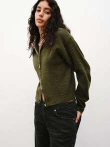 Maija Women's Minimalist Zipper Long Sleeve Knit Cardigan - Army Green - View 3