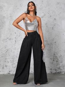 SHEIN SXY 女款街頭風百褶寬鬆牛仔長褲 - 黑色 - 查看 2