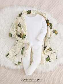 Cozy Pixies 兒童小男孩休閒日常舒適連帽恐龍印花開襟寬鬆抓絨家居睡袍 - 黃色 - 查看 8