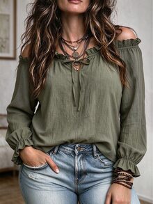 Trelyra Plus Size Women's Solid Color Ruffle Collar Tie Neck Long Sleeve Cotton Linen Shirt - Green - View 4