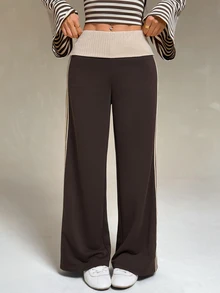 SHEIN PETITE Women's Minimalist Striped Color Block Casual Long Pants - Brown - View 3