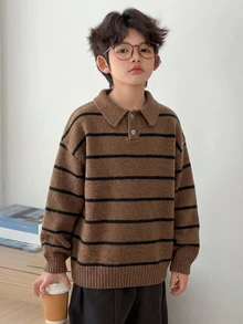 Dazy Kids 青少年男孩條紋拼接配色半開襟鈕扣針織衫 - 棕色 - 查看 6