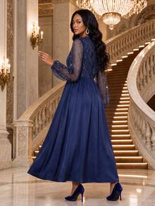 Fleurora Women's Elegant Sequin Satin V-Neck Dress - Navy Blue - View 2