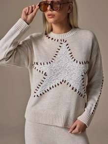 SHEIN طقم كنزة ناعمة بأكمام طويلة مطرزة بالنجوم مع دانتيل وغرزة وبنطال كنزة 2 قطعة متناسق - لون مشمشي - مشاهدة 4