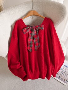 CosyJoli 大尺碼女款優雅法式休閒蝴蝶結聖誕紅秋冬針織套頭上衣 - 紅色 - 查看 3