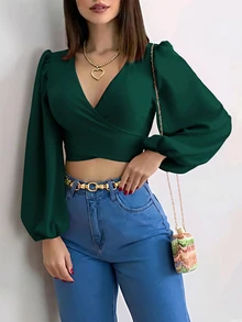 Elenzga 女款優雅長袖襯衫，燈籠袖與領結設計，秋季女裝 - 墨綠色 - 查看 2