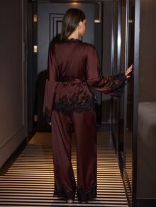 SilkySpell Women's Lace Patchwork Satin Long Sleeve Pants Pajama Set - Coffee Brown - View 2
