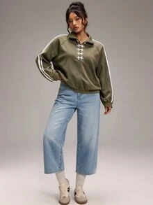 SHEIN BASICS Jaket Lengan Panjang Kasual Serbaguna Motif Blok Warna untuk Wanita Ukuran Plus - Hijau Tentara - View 3