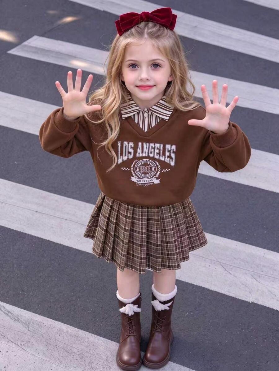 SHEIN Tween Girls Preppy 2 In 1 Letter Graphic Print Sweatshirt Pullover Top And Plaid Pleated Skirt Autumn Winter Thick Flannel Two Pieces Outfit Set - Mocha Brown - View 1