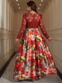Reflora 大尺碼女款對比蕾絲V領長袖優雅休閒禮服 秋季婚禮賓客正式早午餐深綠色 - 彩色 - 查看 3