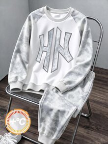 青少年男孩休閒極簡紮染印花圓領衛衣與運動長褲2件套，適合秋冬戶外運動穿著 - 彩色 - 查看 3