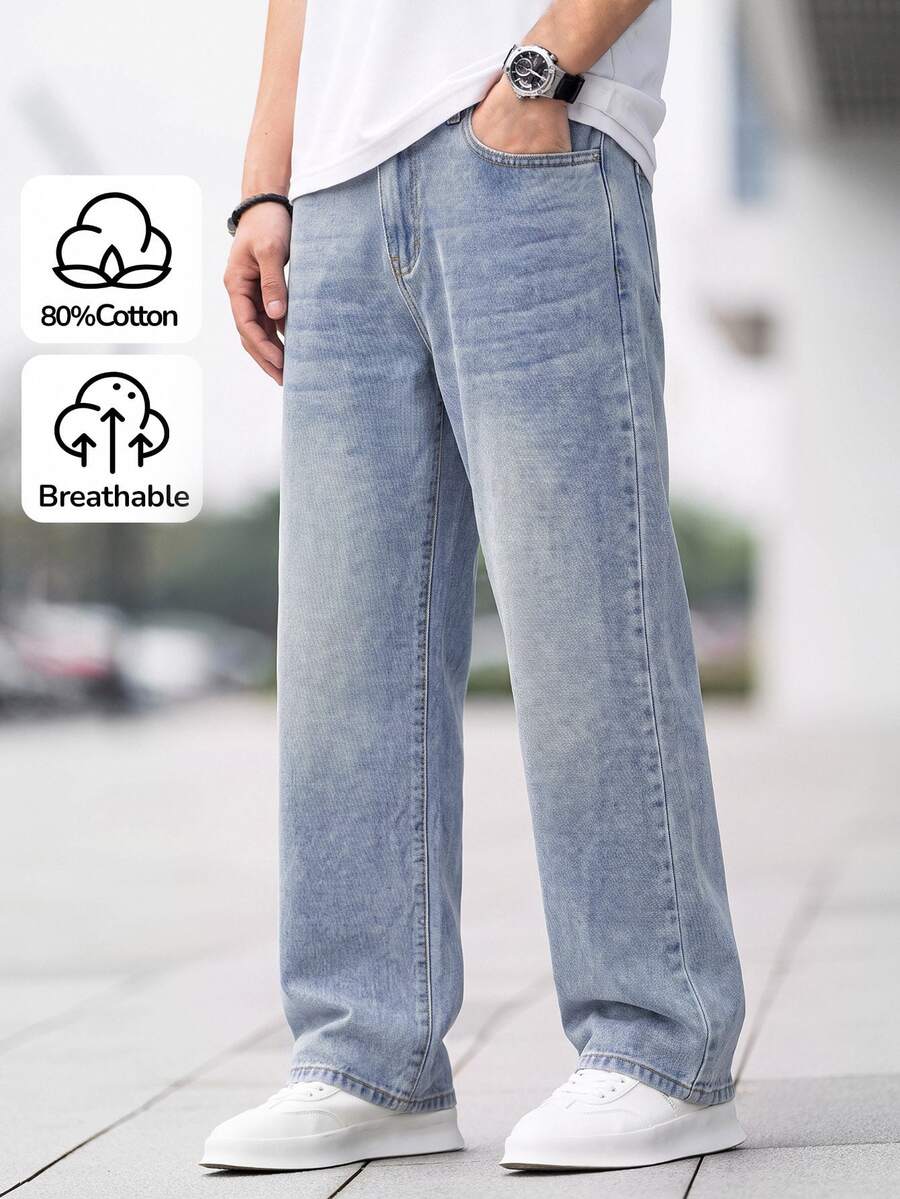 SHEIN 青少年男孩時尚休閒復古 Y2K 基礎簡約混搭寬鬆舒適直筒牛仔褲,兒童男童軟質日常穿著春夏衣著 - 中等水洗藍 - 查看 1