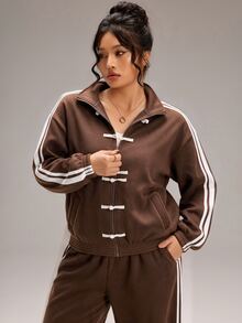 SHEIN BASICS Plus Size Frog Button Long Sleeve Jacket And Striped Pants With Pockets 2 Pieces Set - Brown - View 3