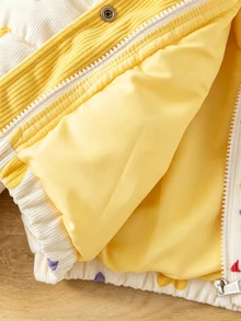 SHEIN Elladie kids 女童冬季甜美風白色立領愛心印花燈芯絨加厚棉襖外套，對比色內裡、鈕扣開合 - 彩色 - 查看 5