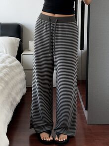 DAZY Women's Drawstring Waist Striped Loose Lounge Pants - Grey - View 7