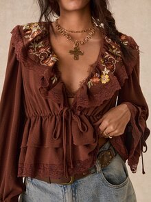 Easelle Women's Floral Embroidery Patchwork Ruffle Front Tie Fashion Flare Sleeve Blouse Bohemian Brown Autumn/Winter Ruffle Vintage - Coffee Brown - View 4