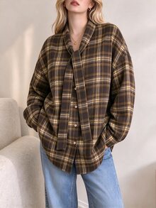 INAWLY Vintage Style Ribbon Loose Drop Shoulder Blouse - Brown - View 4