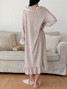 DAZY Women's Lace Patchwork Sweet Heart-Shaped Striped Pattern Loose Long Sleeve Dress Nightgown - Purple - View 2