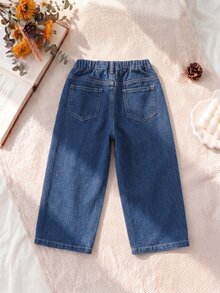 SHEIN Explorewe 女童牛仔長褲，秋季新品，深藍色，彈性腰頭抽繩設計，寬鬆版型，輕量柔軟牛仔布料 - 深色水洗藍 - 查看 2