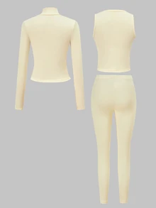 SHEIN 少女風淺藍色3件套，立領夾克＋細肩帶背心＋緊身褲，修身溫柔優雅休閒運動賽車健身秋季酷女孩可愛風 - 黃色 - 查看 2