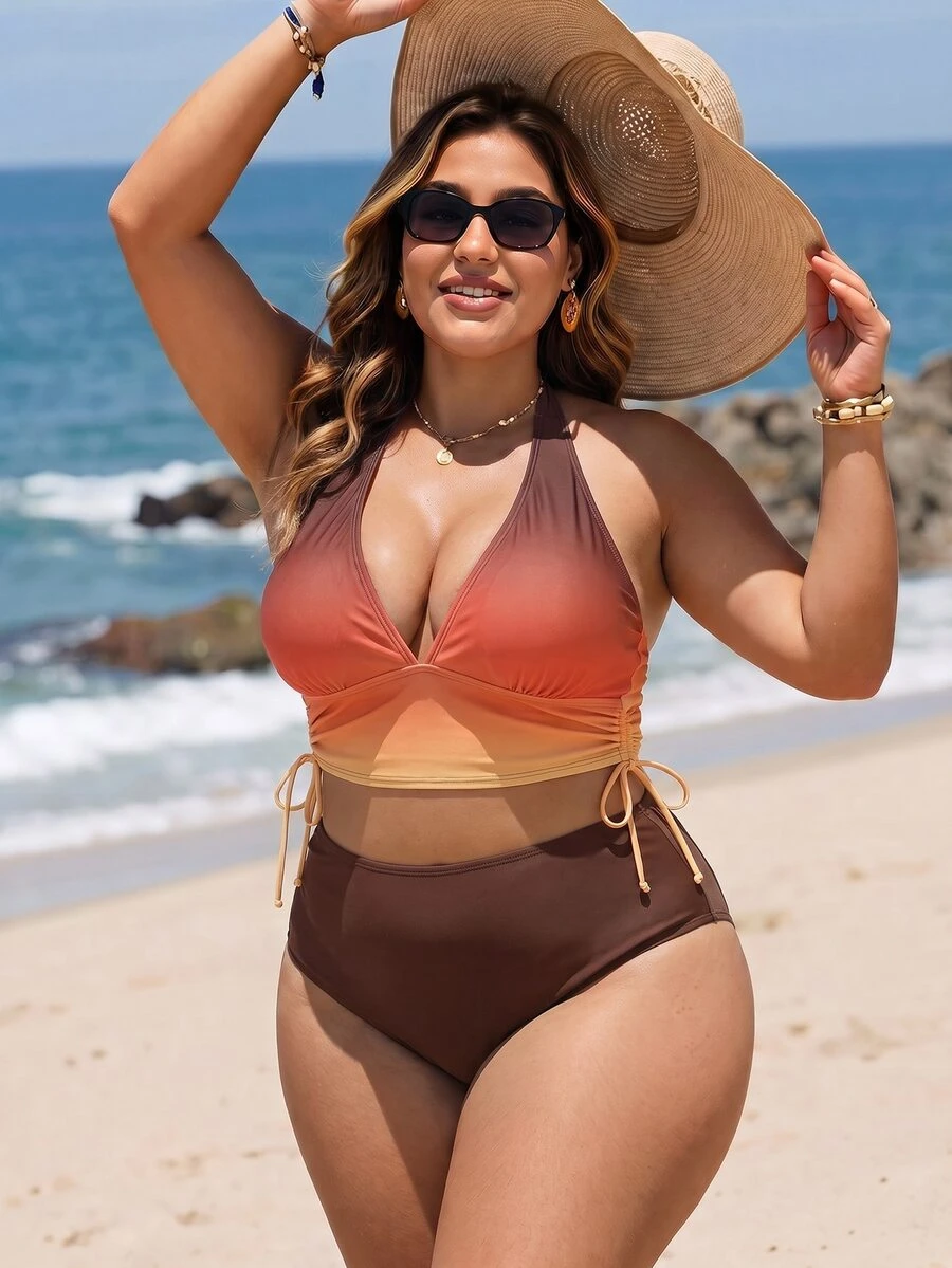 Slaydiva Plus Size Women's Summer Beach Halter Neck Tie Sexy Bikini And Triangle Bottom Two Pieces Swimwear Set - Multicolor - View 1