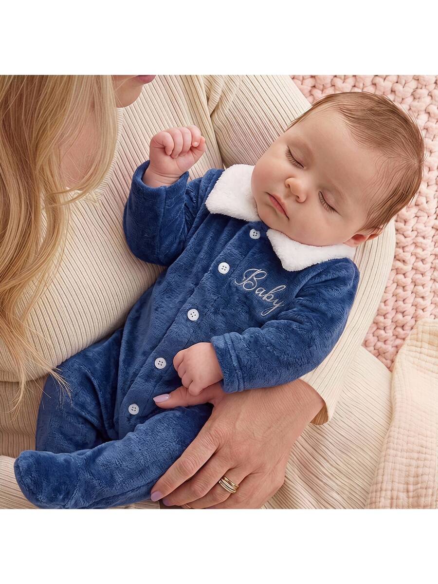 SHEIN Bộ romper mặc nhà tay dài thêu họa tiết cài nút cho trẻ sơ sinh - Màu xanh hải quân - Xem 1