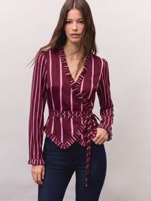 Nöista 女款街頭風條紋拼色長袖襯衫 - 酒紅色 - 查看 2