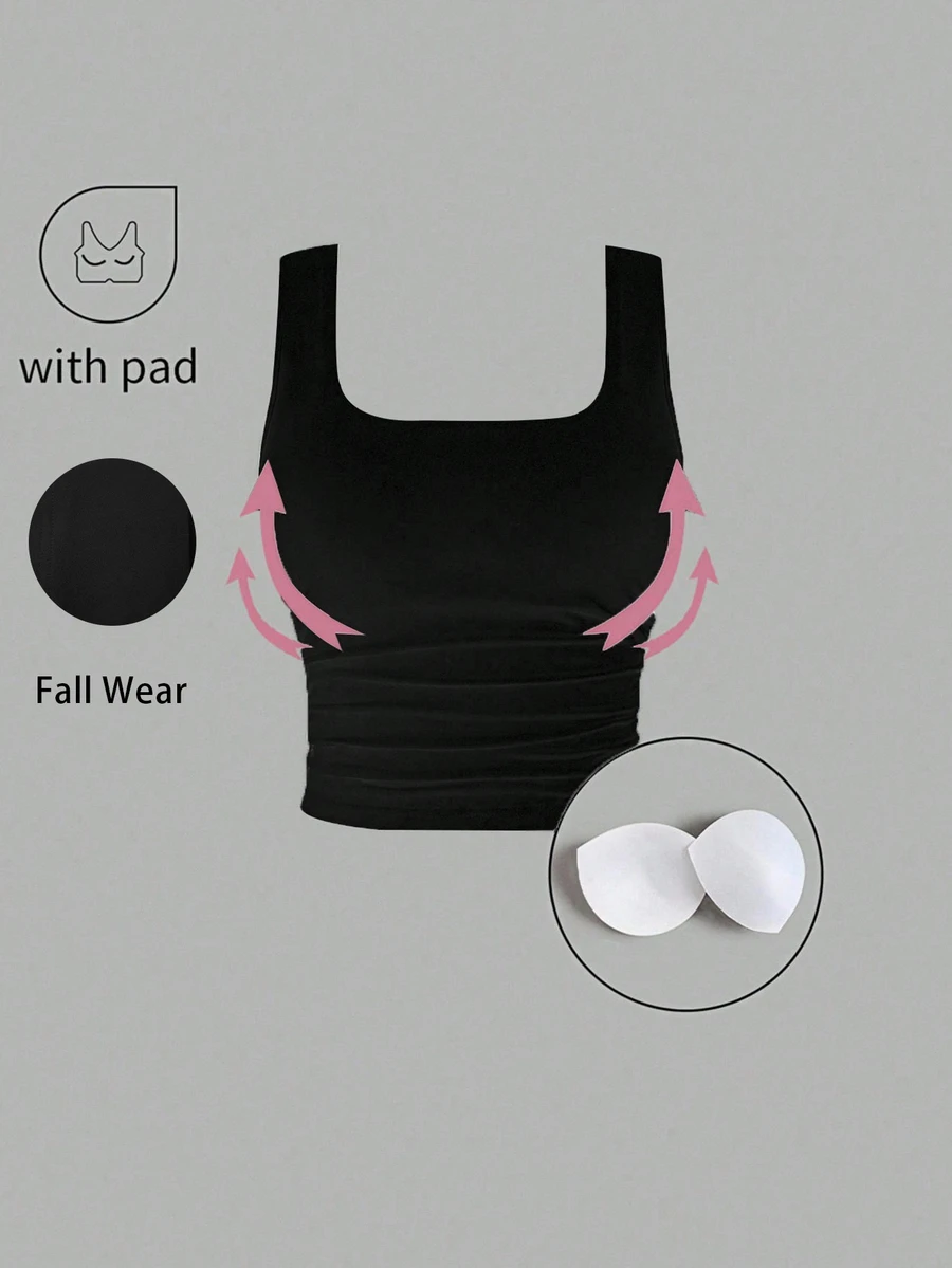 SHEIN PETITE Minimalist Solid Color Wide Strap Ruched Casual Top, Built-In Bra, Comfortable Dralon Fabric, Autumn/Winter Outfit, Daily Office Wear - Black - View 1